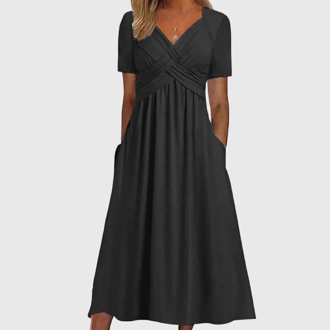 A-Line Summer Midi Dress Side Pockets and Cross Detail