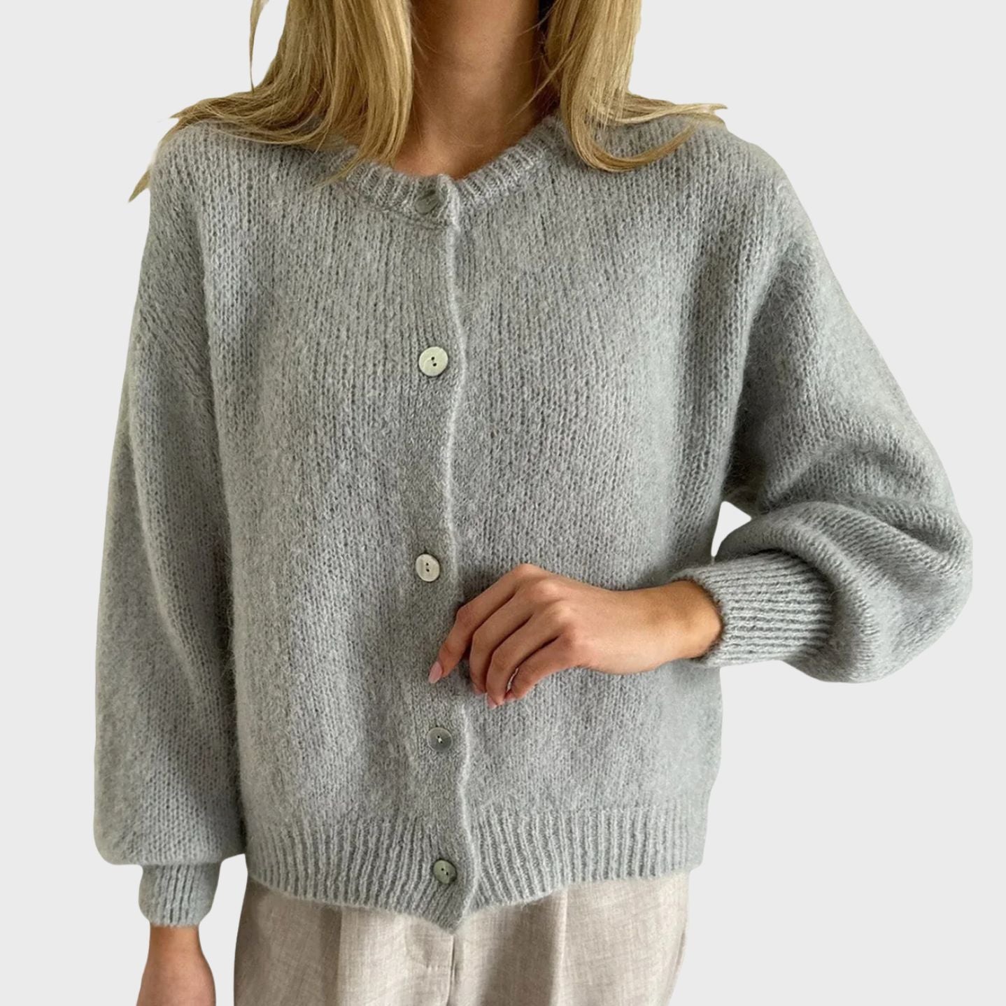 Button Closure Knit Cardigan with Round Neckline for Women