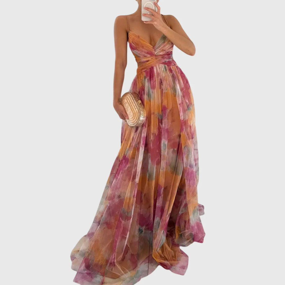 Floral Print Maxi Dress with Spaghetti Straps and Pleated Skirt