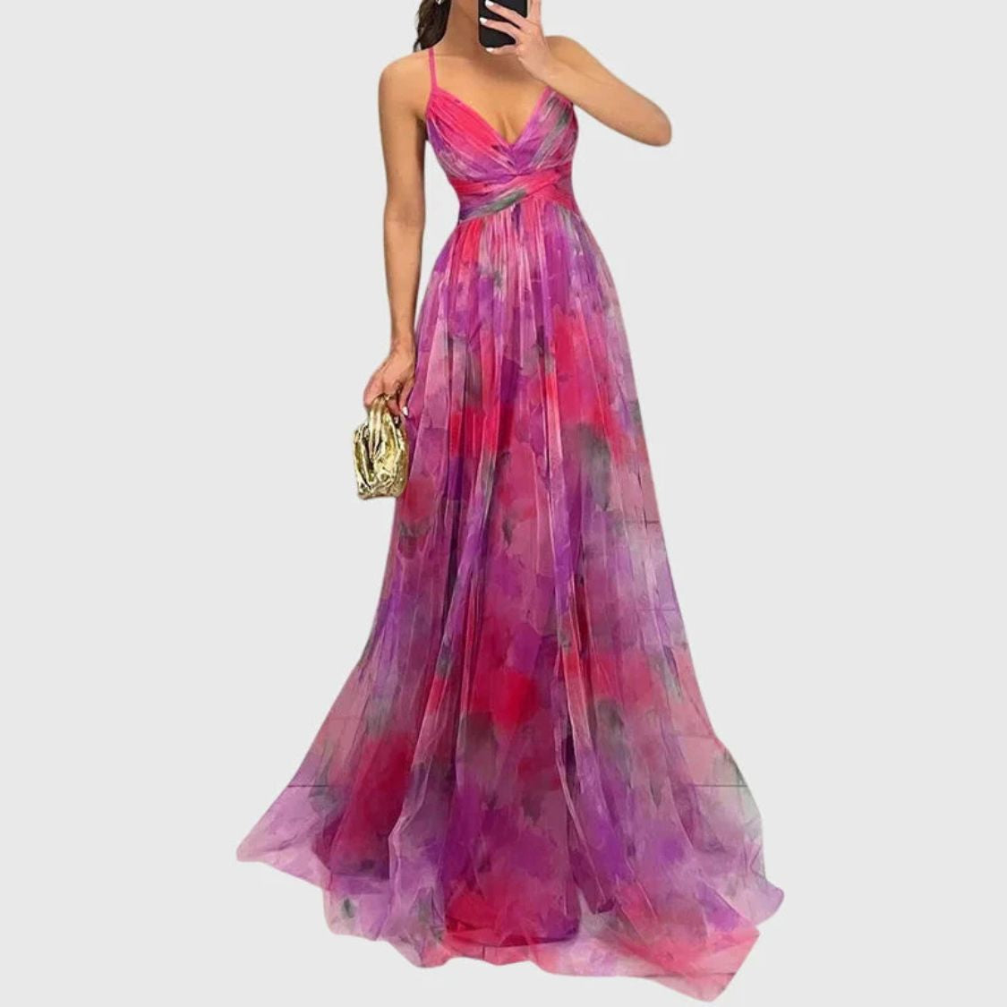 Floral Print Maxi Dress with Spaghetti Straps and Pleated Skirt