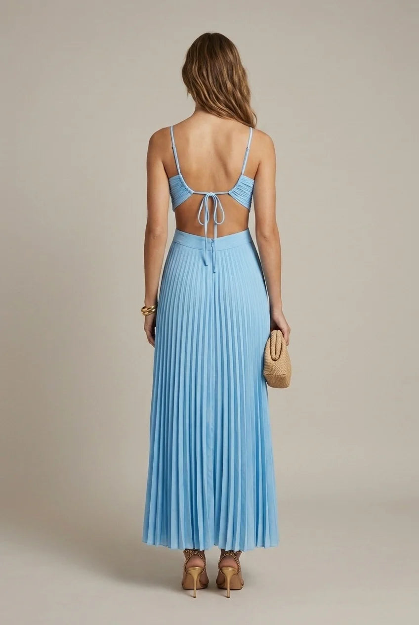 Halter Neck Pleated Maxi Dress with Cut Out Detail and Tie Back