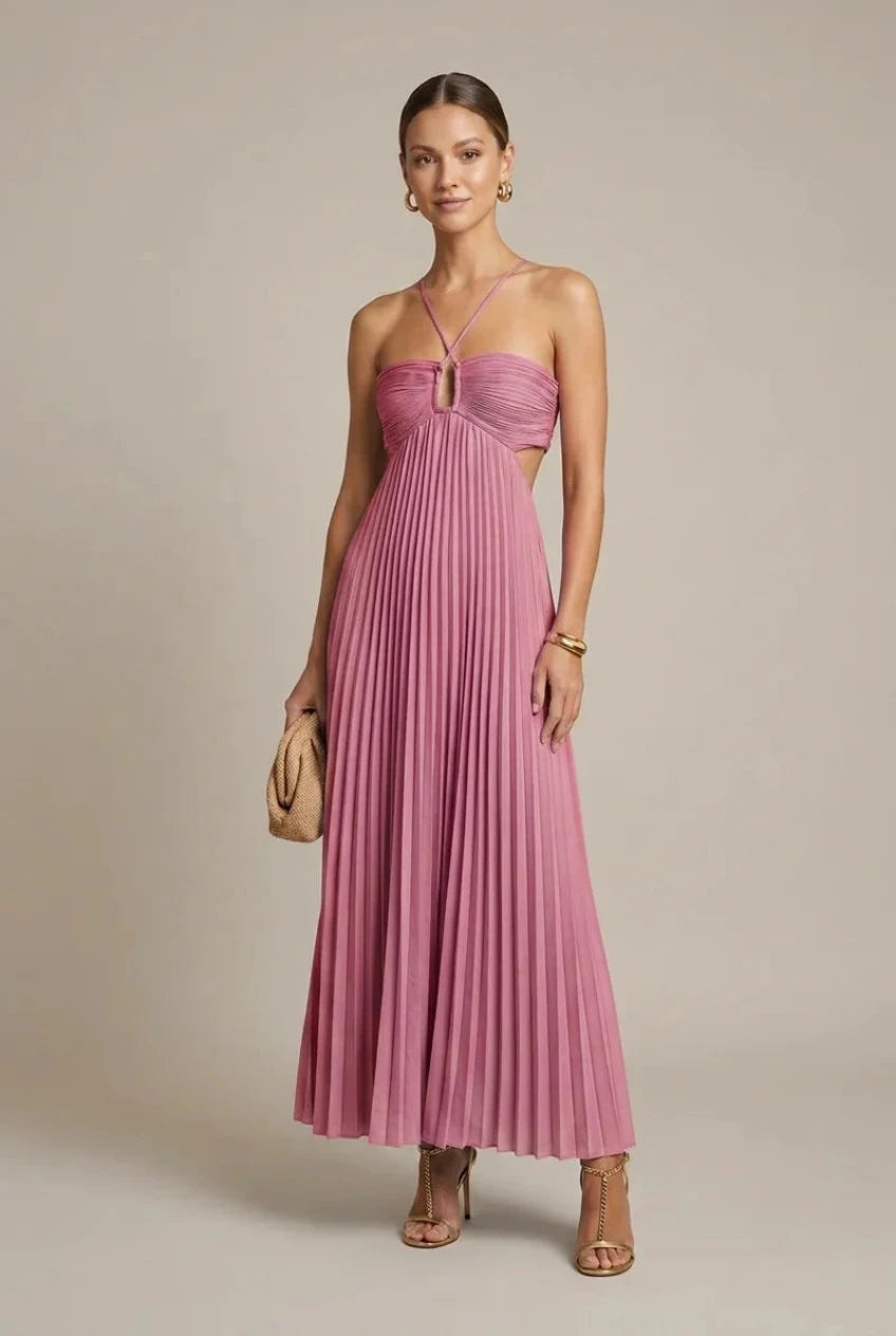 Halter Neck Pleated Maxi Dress with Cut Out Detail and Tie Back
