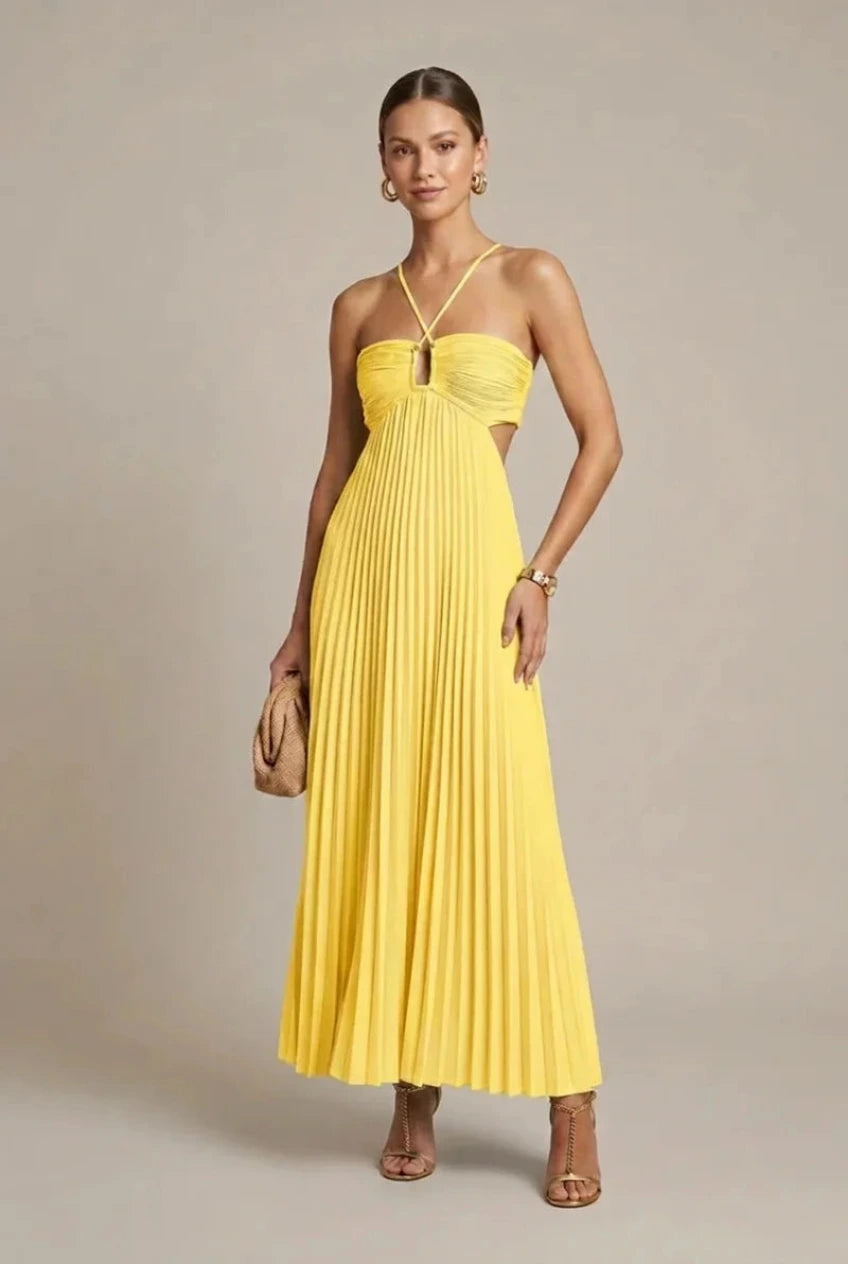 Halter Neck Pleated Maxi Dress with Cut Out Detail and Tie Back