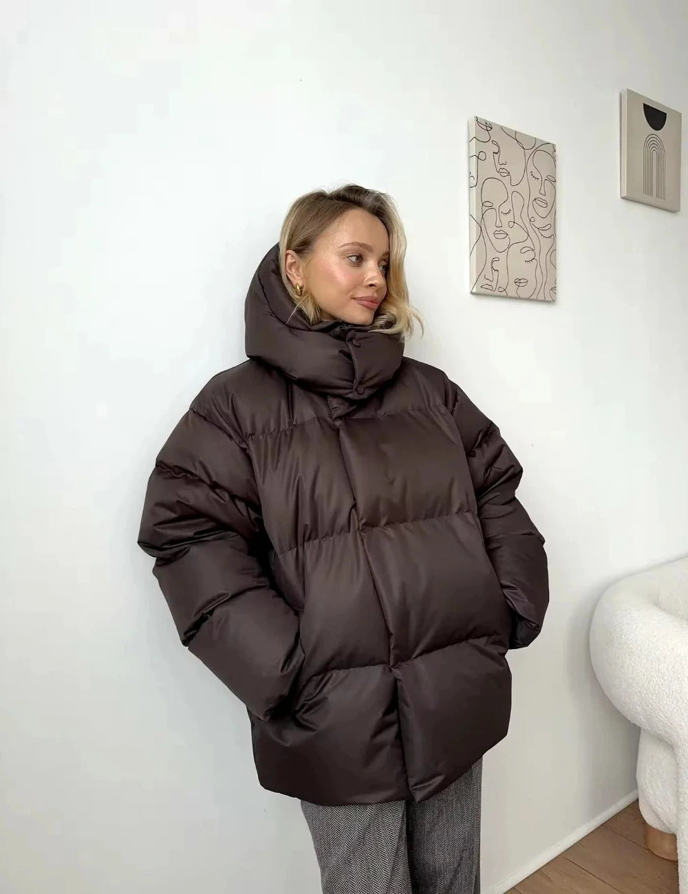 High collar puffer jacket with detachable hood for women