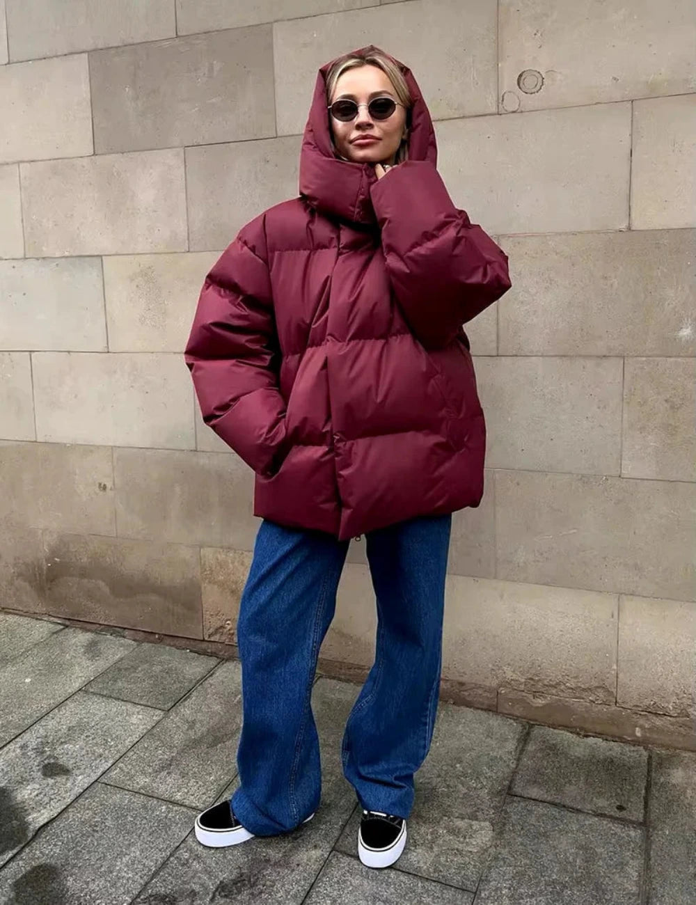 High collar puffer jacket with detachable hood for women