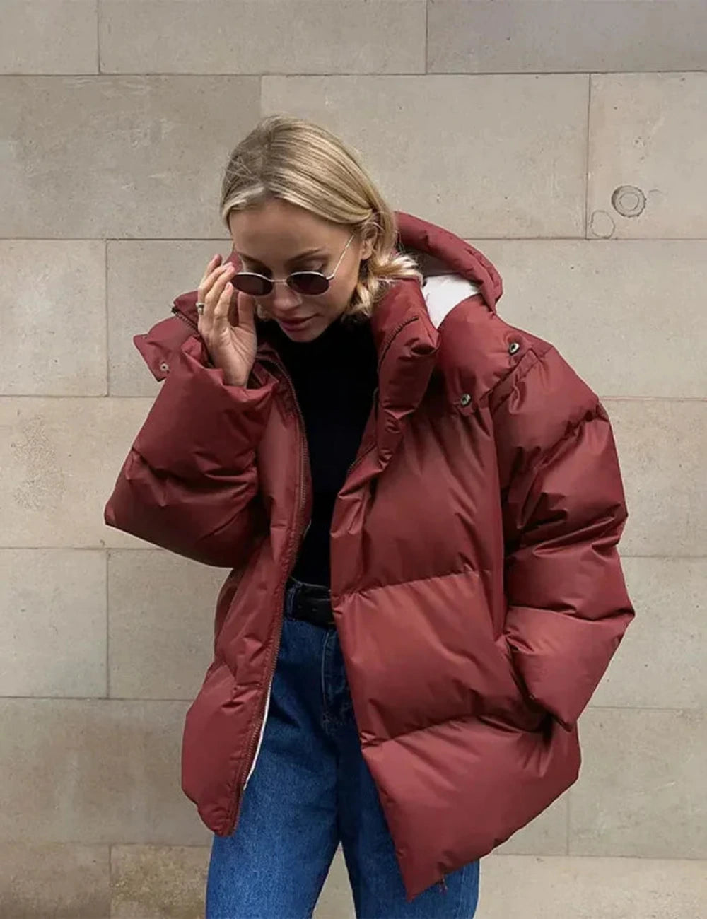 High Collar Puffer Jacket with Detachable Hood for Women