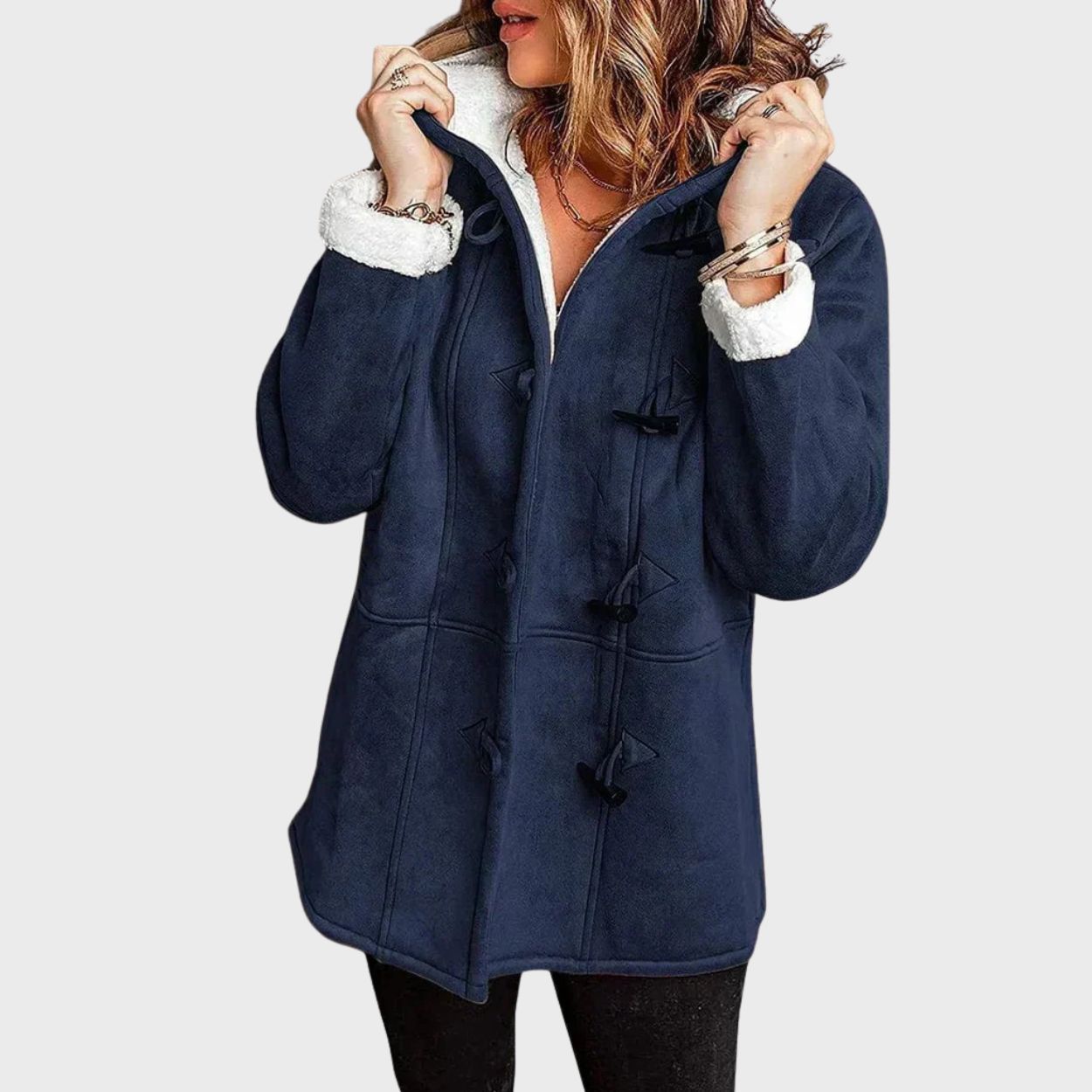 Hooded coat with toggle closure for women
