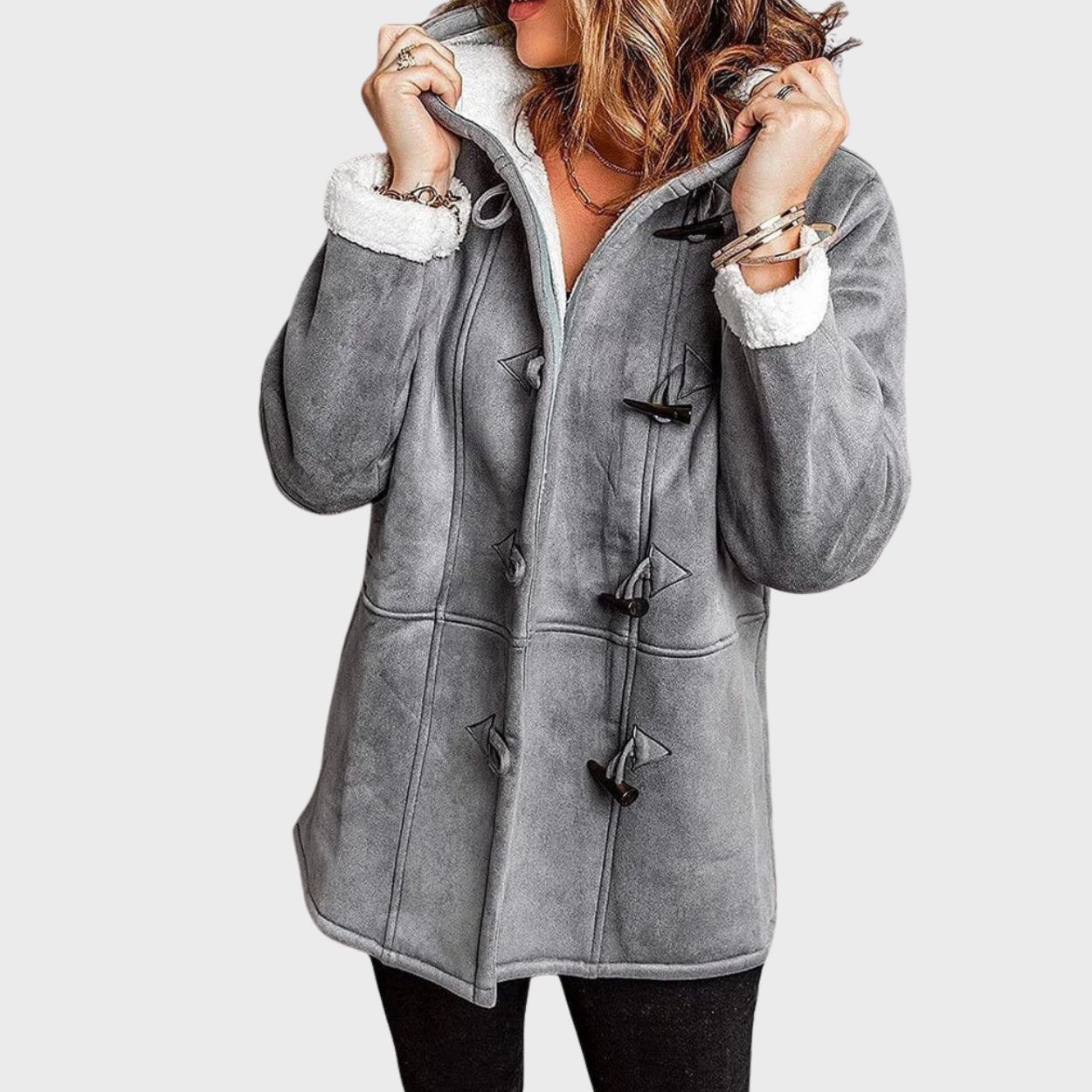 Hooded coat with toggle closure for women