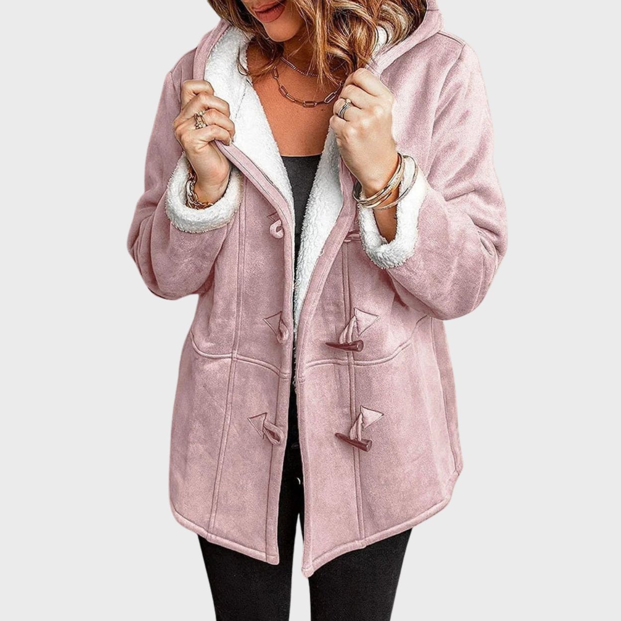 Hooded coat with toggle closure for women