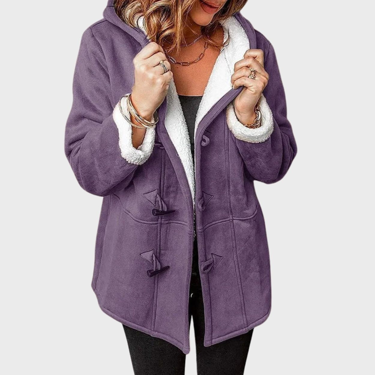 Hooded coat with toggle closure for women