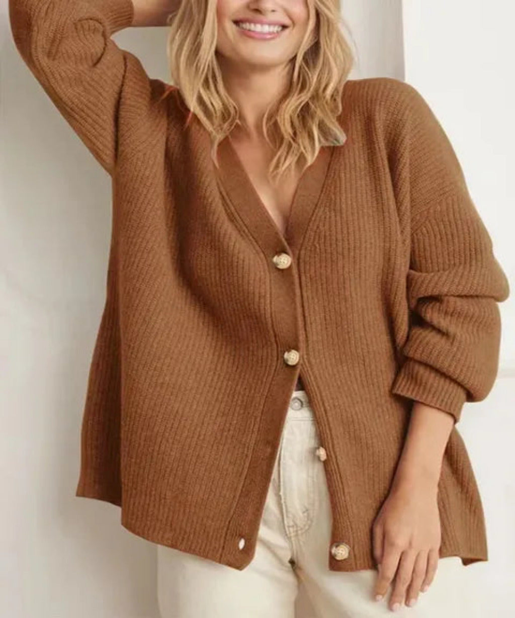 Knitted Cardigan with Button Front and Long Sleeves for Women