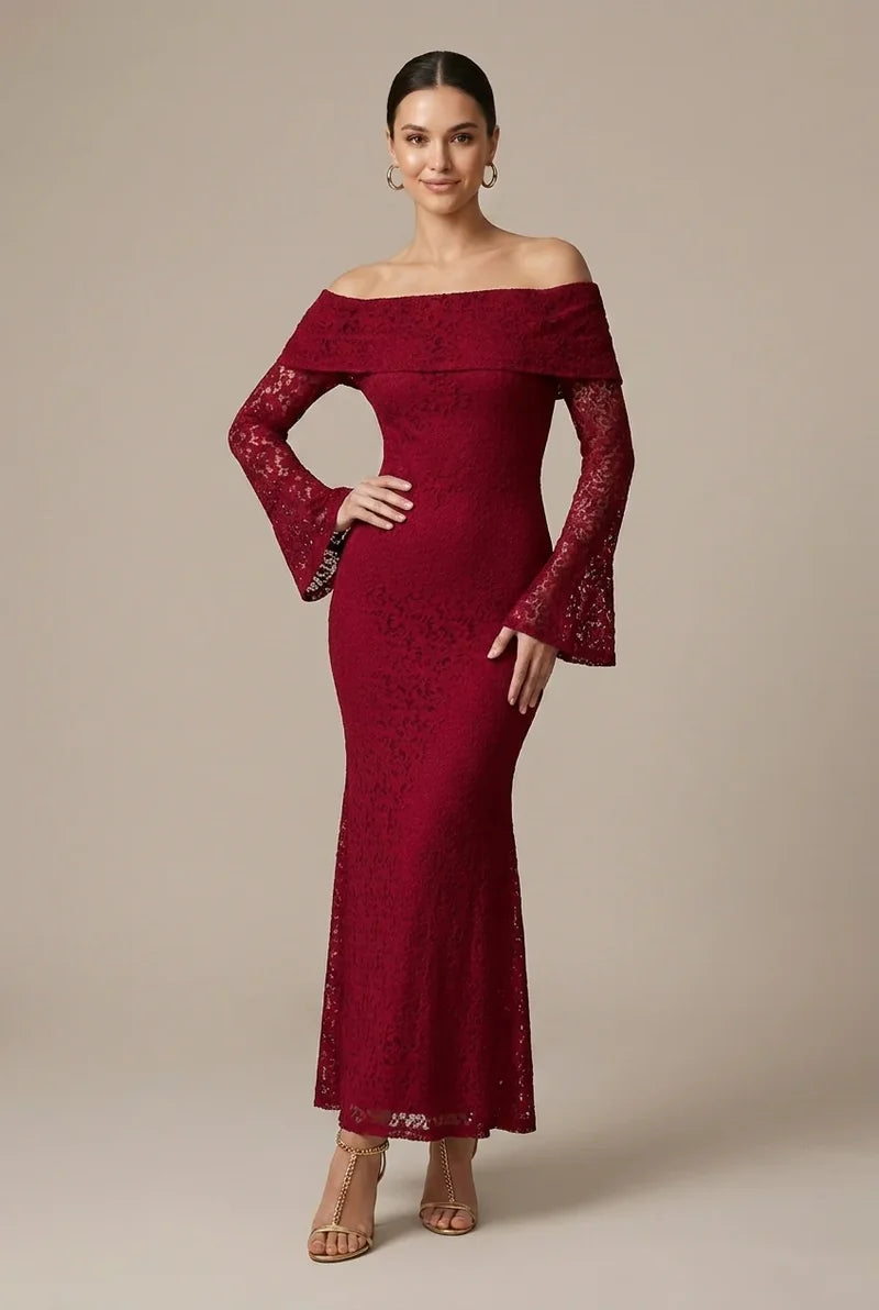 Lace Maxi Dress with Off Shoulder Neckline and Flared Sleeves