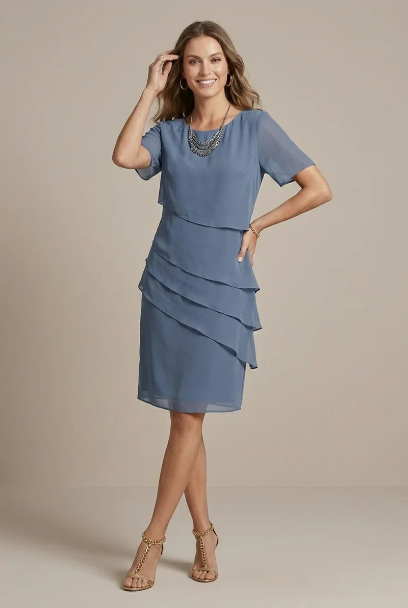 Layered Ruffle Midi Dress with Round Neck and Short Sleeves