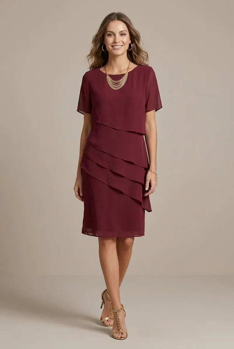 Layered Ruffle Midi Dress with Round Neck and Short Sleeves