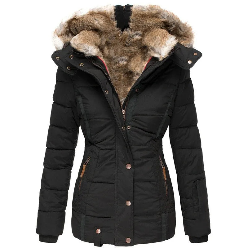 Long sleeve winter jacket with faux fur hood for women