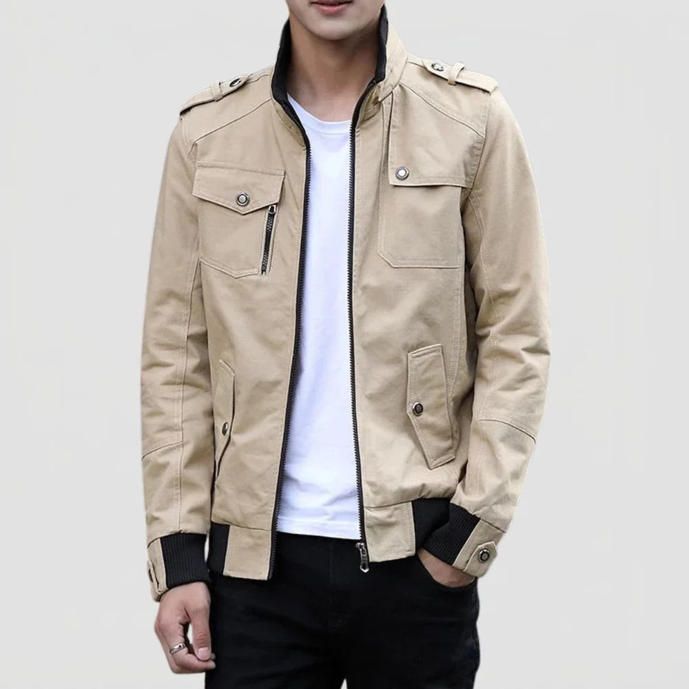 Men's Bomber Jacket with Zip Closure and Stand Collar