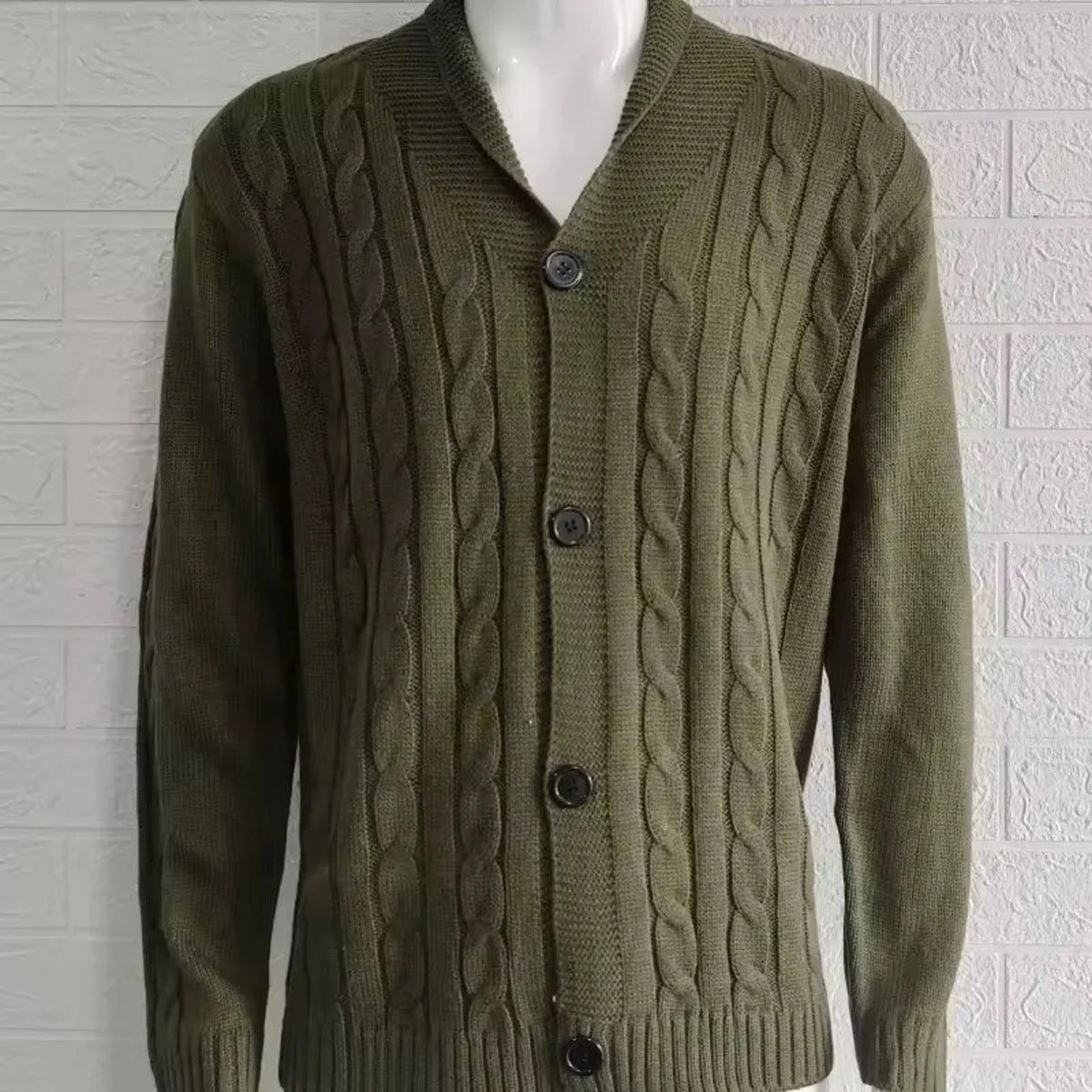 Men's Cable Knit V-Neck Cardigan with Button Closure
