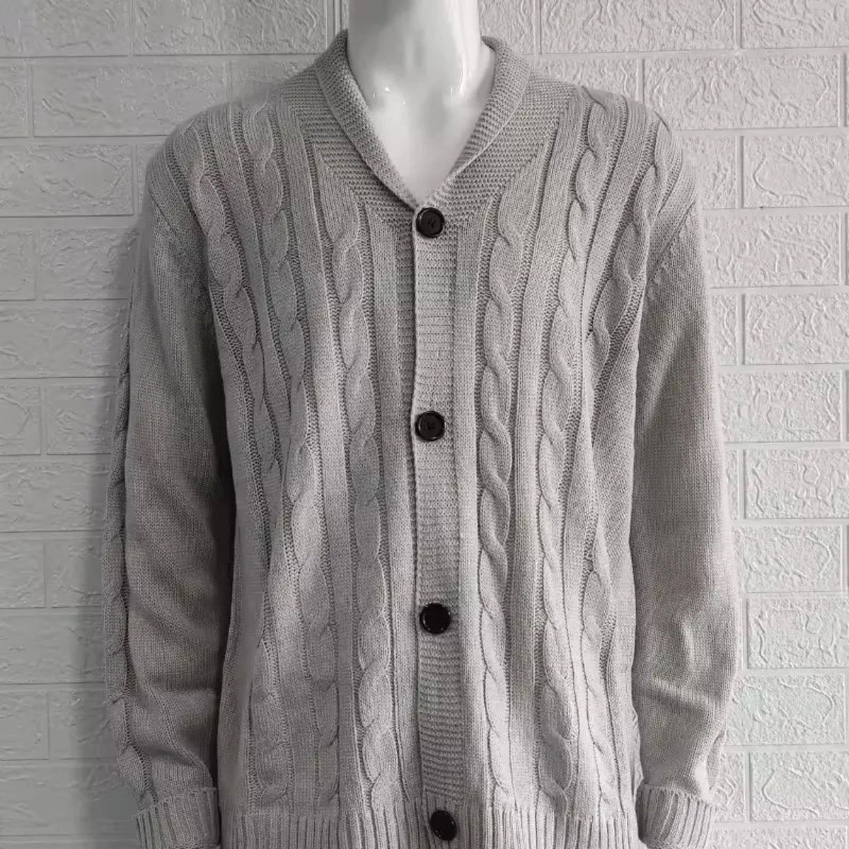 Men's Cable Knit V-Neck Cardigan with Button Closure