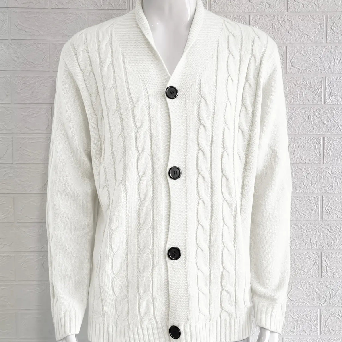 Men's Cable Knit V-Neck Cardigan with Button Closure