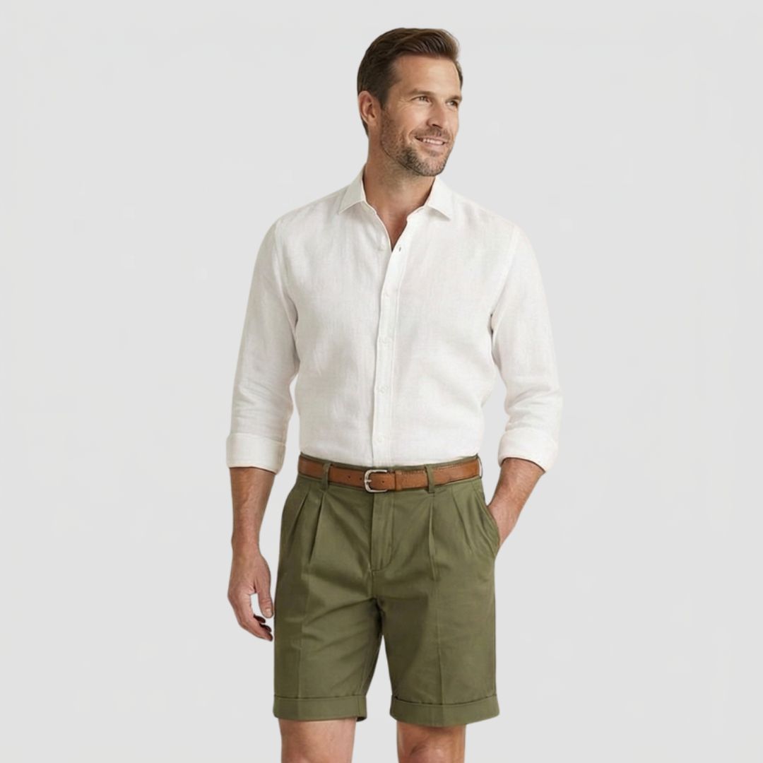 Men's Chino Shorts with Double Pleat and Turn-Up Cuff
