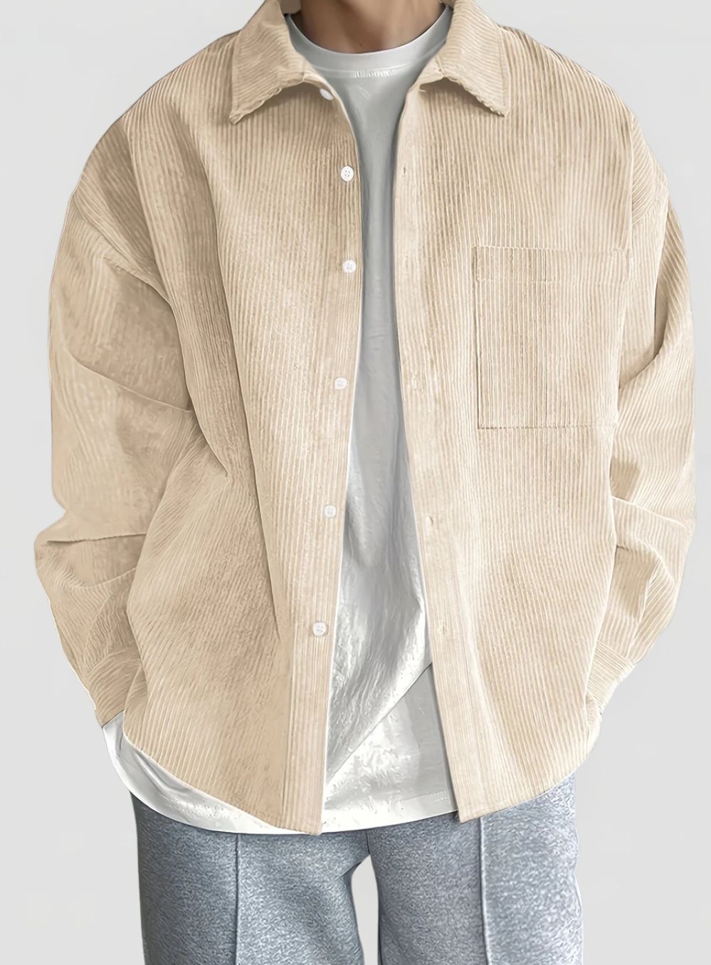 Men's Corduroy Shirt with Collar and Button Closure