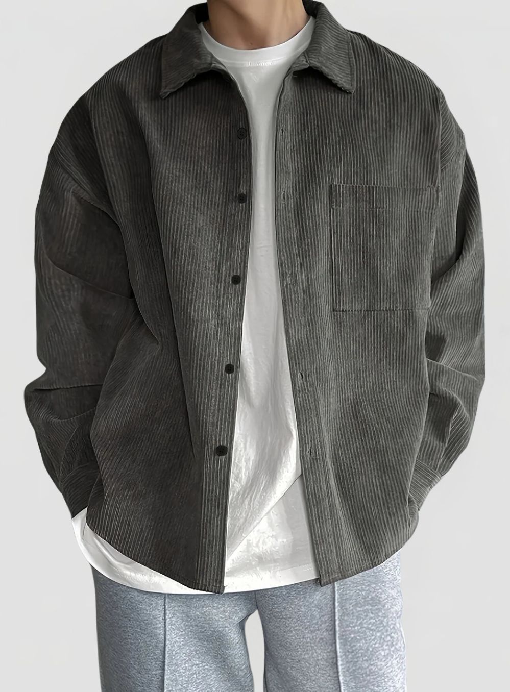 Men's Corduroy Shirt with Collar and Button Closure