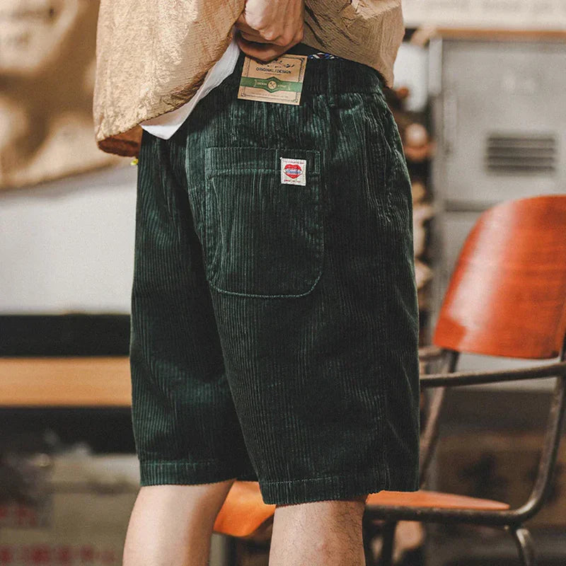 Men's Corduroy Shorts with Elasticated Drawstring Waist and Turned-Up Hem
