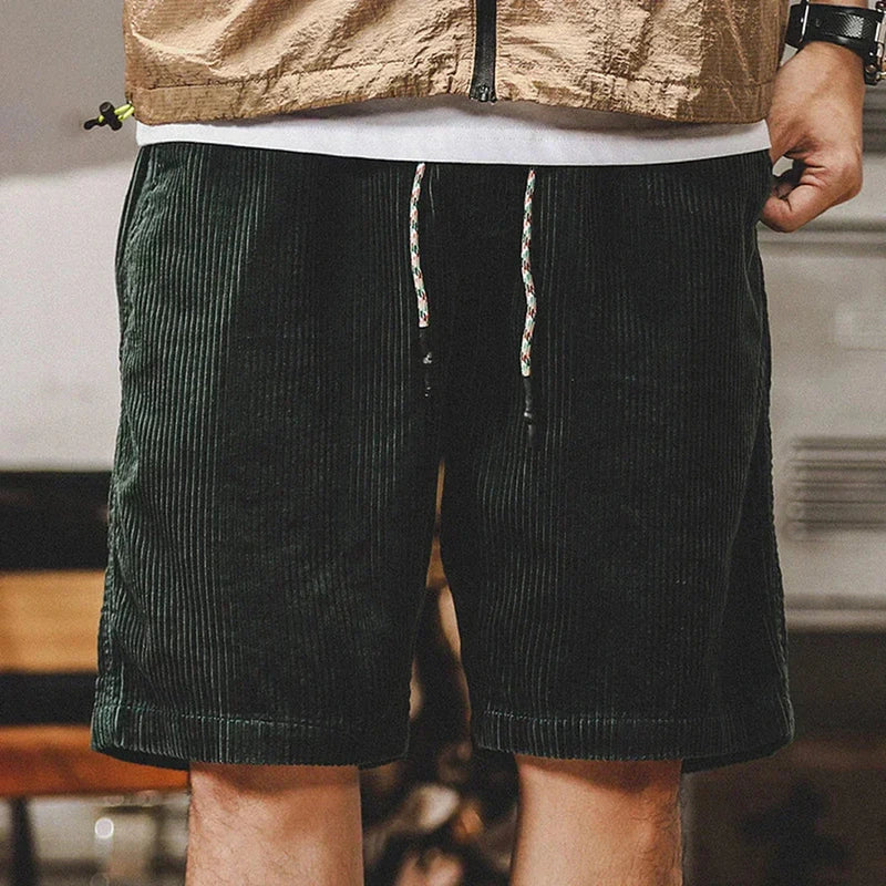 Men's Corduroy Shorts with Elasticated Drawstring Waist and Turned-Up Hem