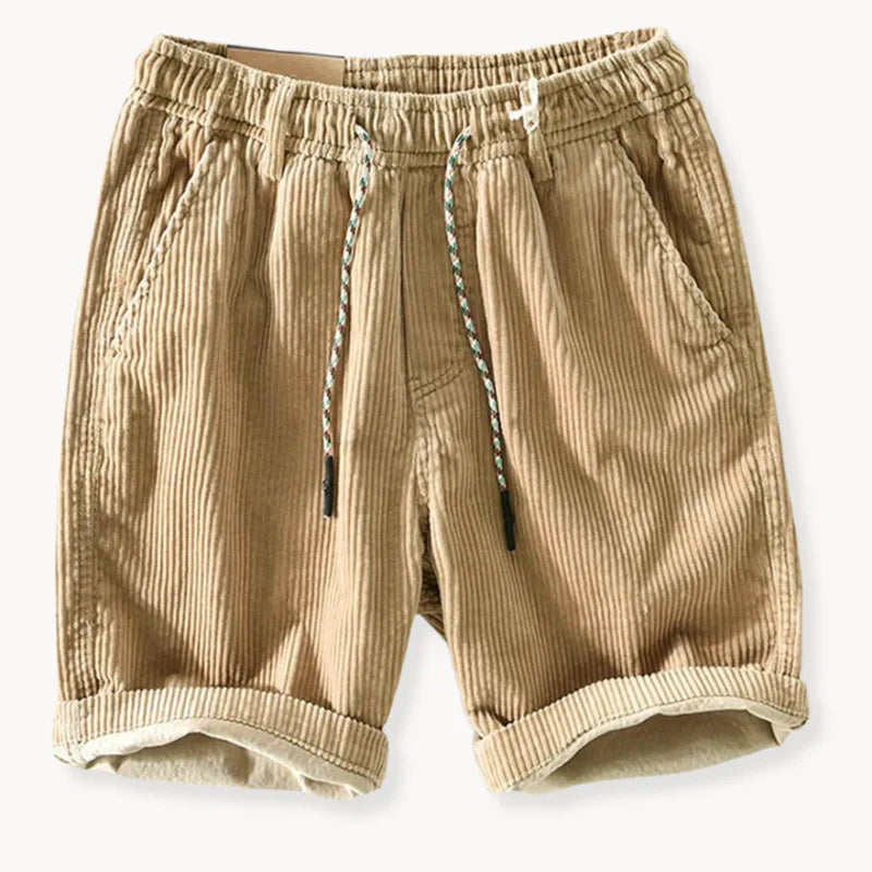 Men's Corduroy Shorts with Elasticated Drawstring Waist and Turned-Up Hem