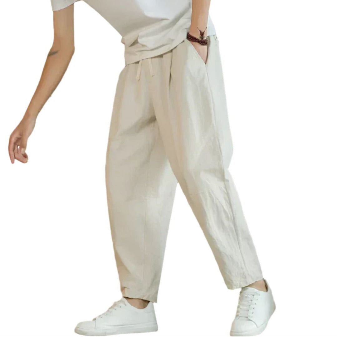 Men's Cotton Trousers with Drawstring Waist and Wide Leg