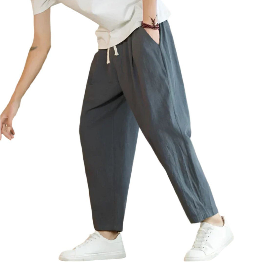 Men's Cotton Trousers with Drawstring Waist and Wide Leg