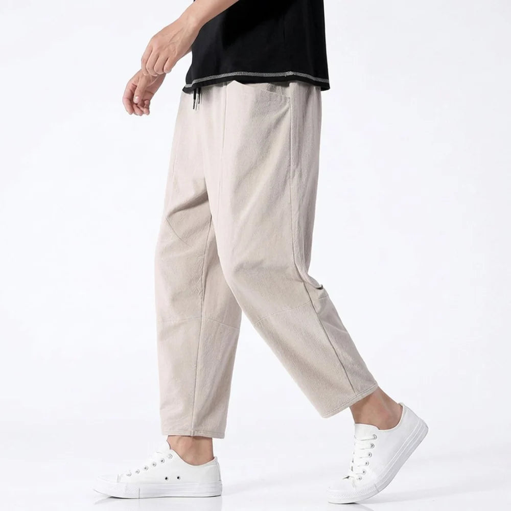 Men's Cropped Trousers with Drawstring Waist and Tapered Leg