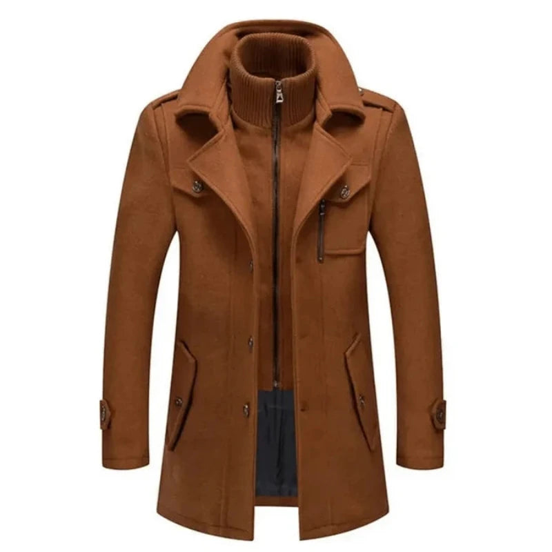 Men's Double Collar Coat with Zip and Button Closure
