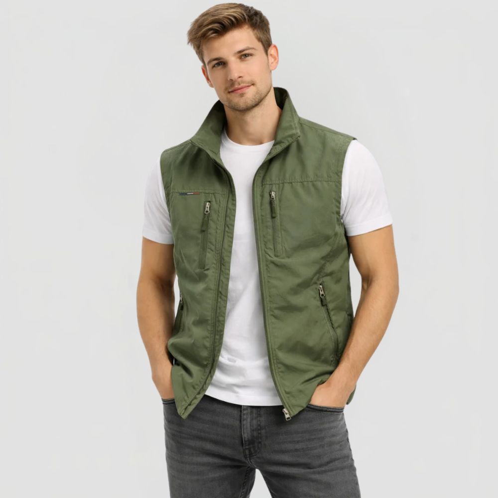 Men's Gilet with Stand Collar and Zip Closure