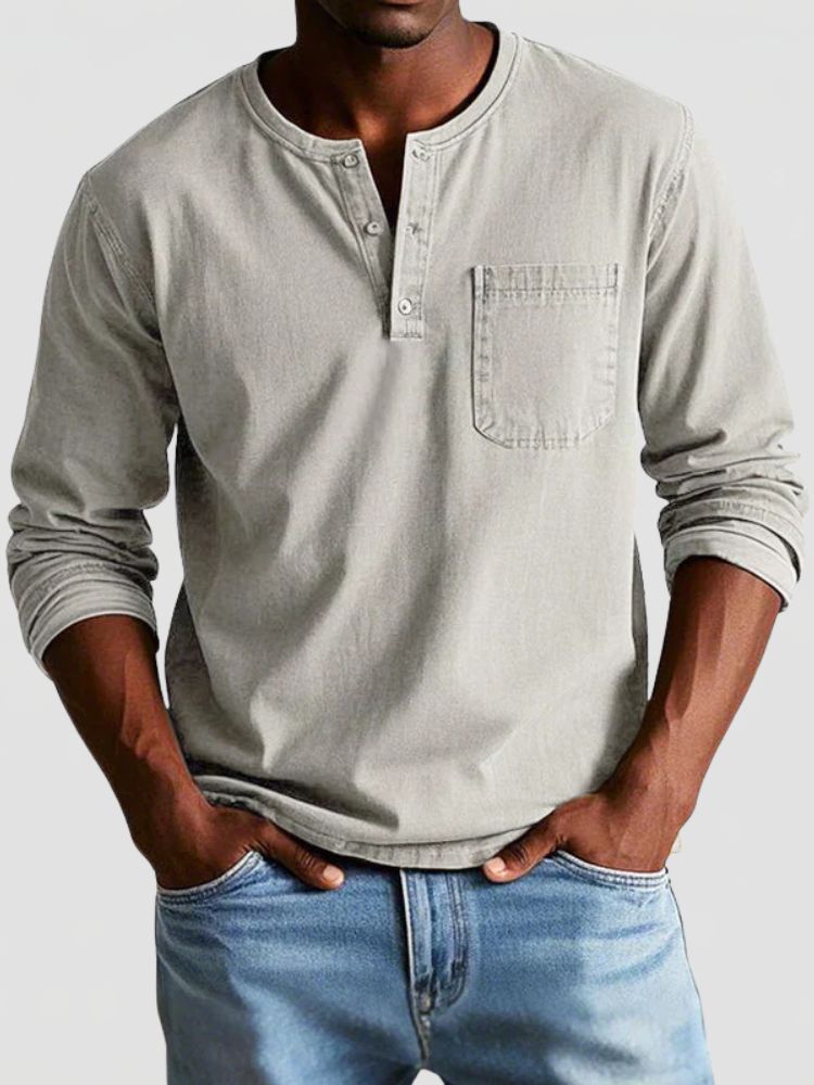 Men's Henley Shirt with Chest Pocket and Long Sleeves