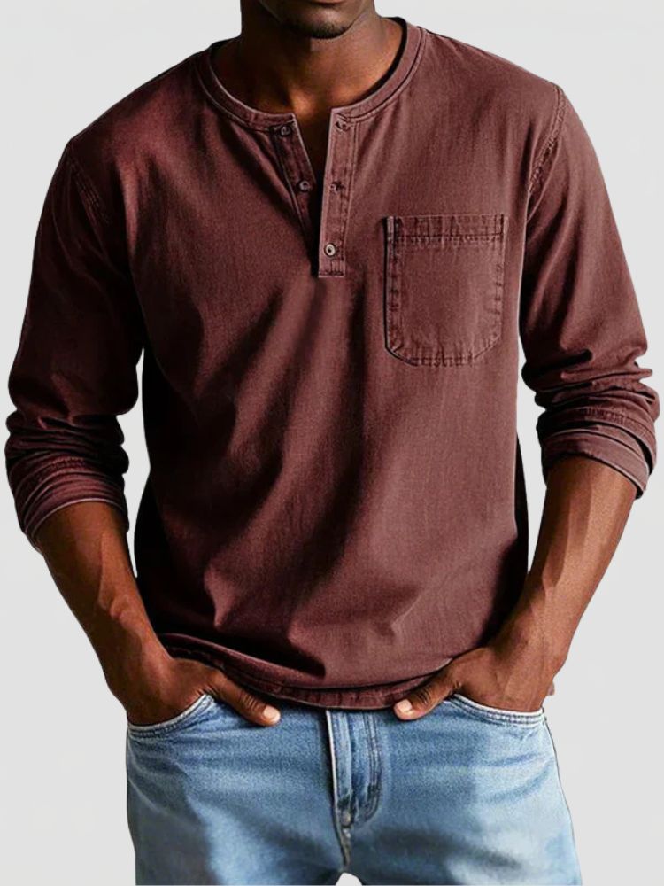 Men's Henley Shirt with Chest Pocket and Long Sleeves