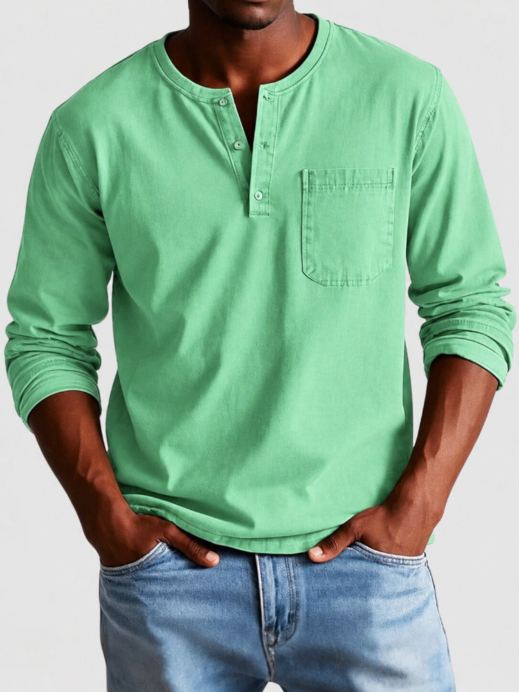 Men's Henley Shirt with Chest Pocket and Long Sleeves