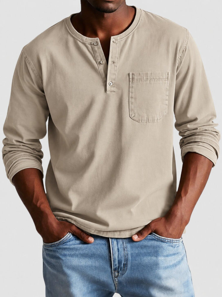 Men's Henley Shirt with Chest Pocket and Long Sleeves