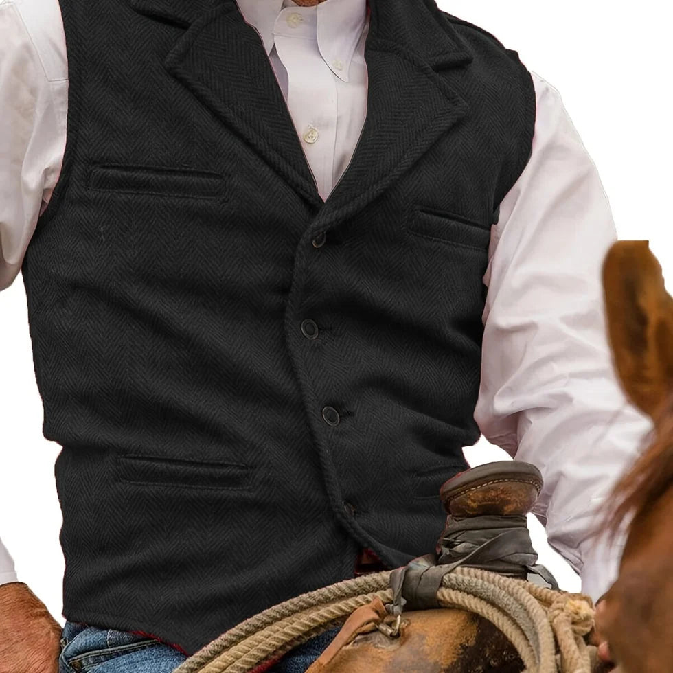 Men's Herringbone Waistcoat with Lapel Collar and Button Closure