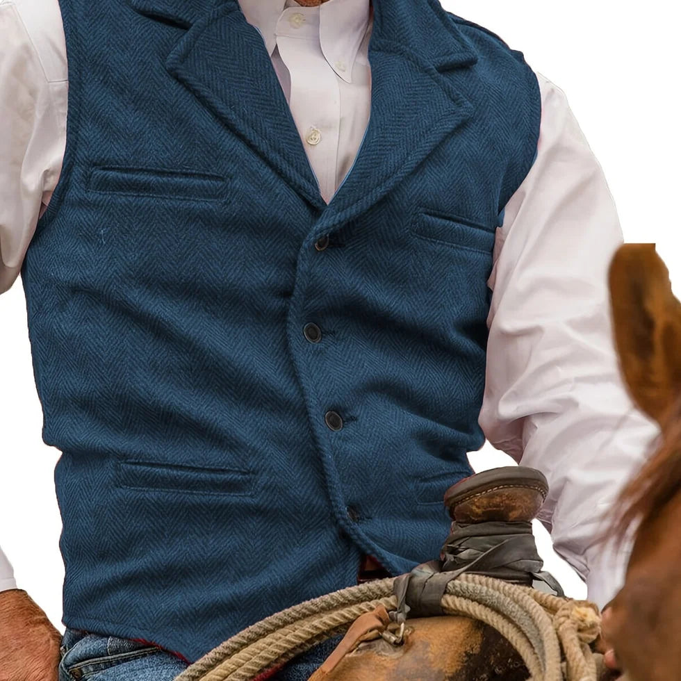 Men's Herringbone Waistcoat with Lapel Collar and Button Closure