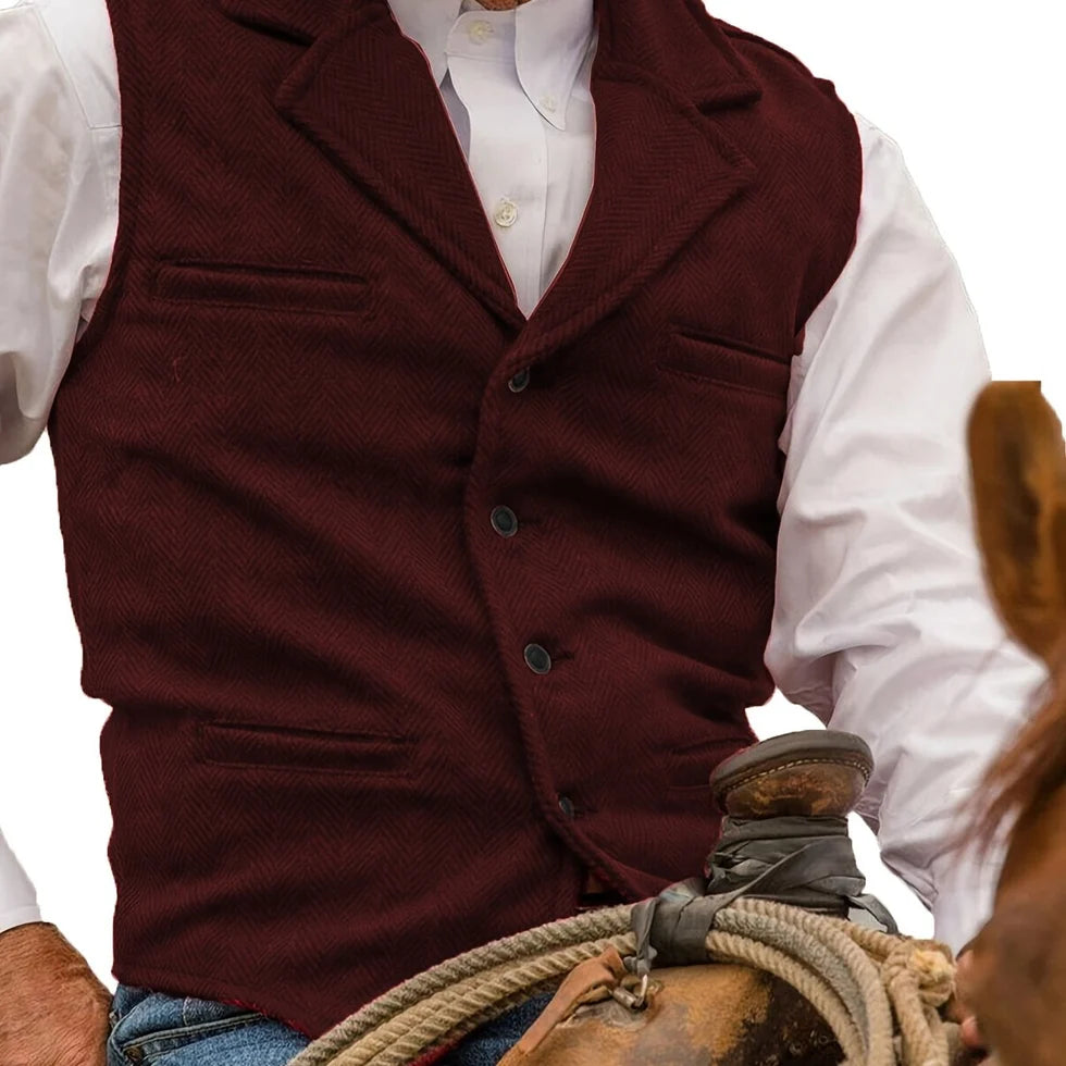 Men's Herringbone Waistcoat with Lapel Collar and Button Closure