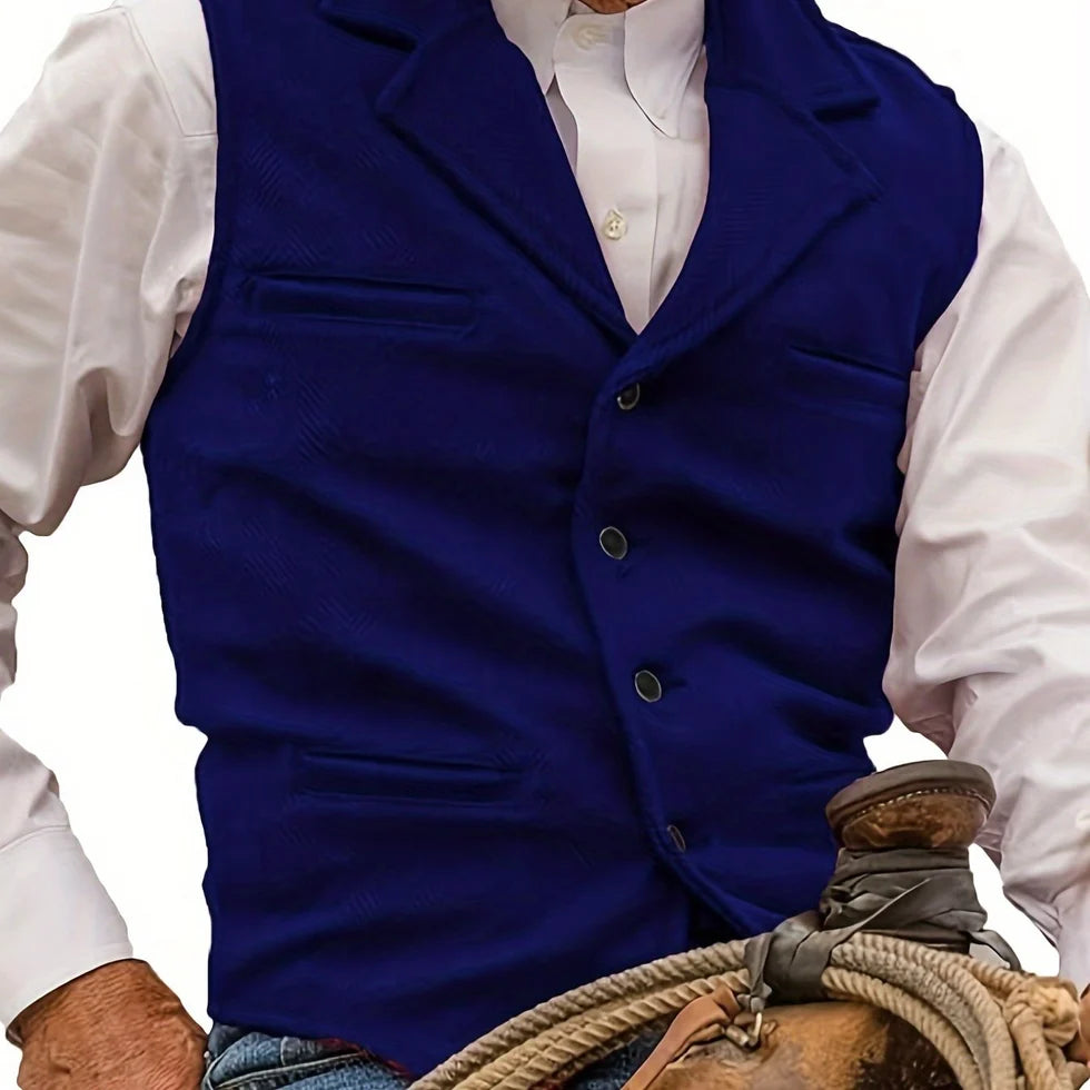 Men's Herringbone Waistcoat with Lapel Collar and Button Closure