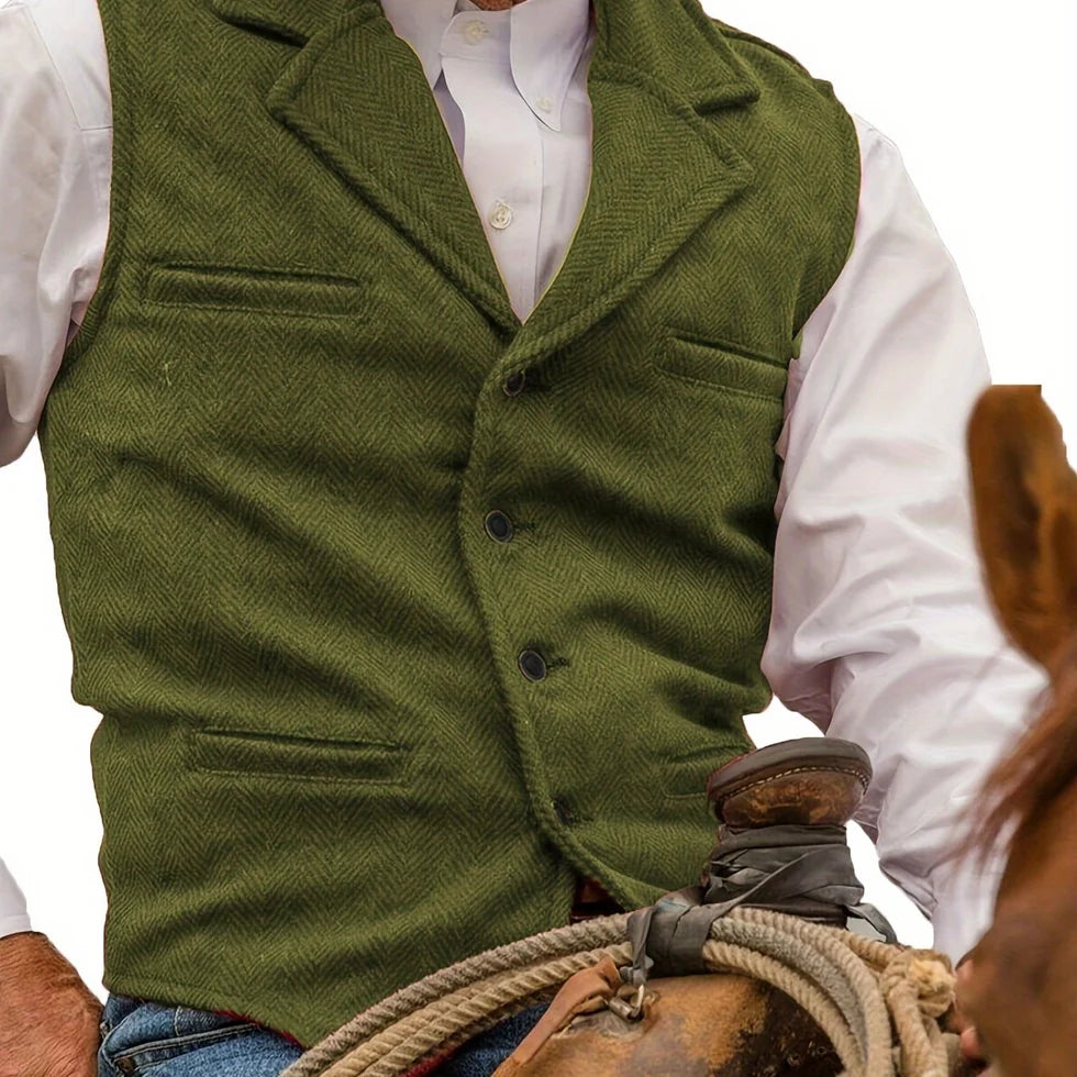 Men's Herringbone Waistcoat with Lapel Collar and Button Closure