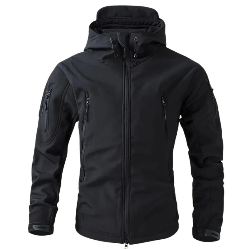 Men's Hooded Softshell Jacket with Zip Closure and Multiple Pockets