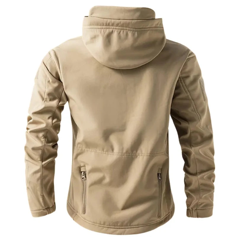 Men's Hooded Softshell Jacket with Zip Closure and Multiple Pockets