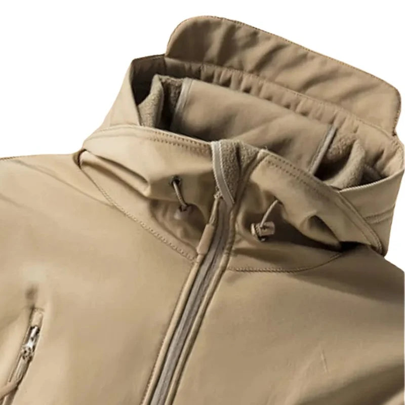 Men's Hooded Softshell Jacket with Zip Closure and Multiple Pockets