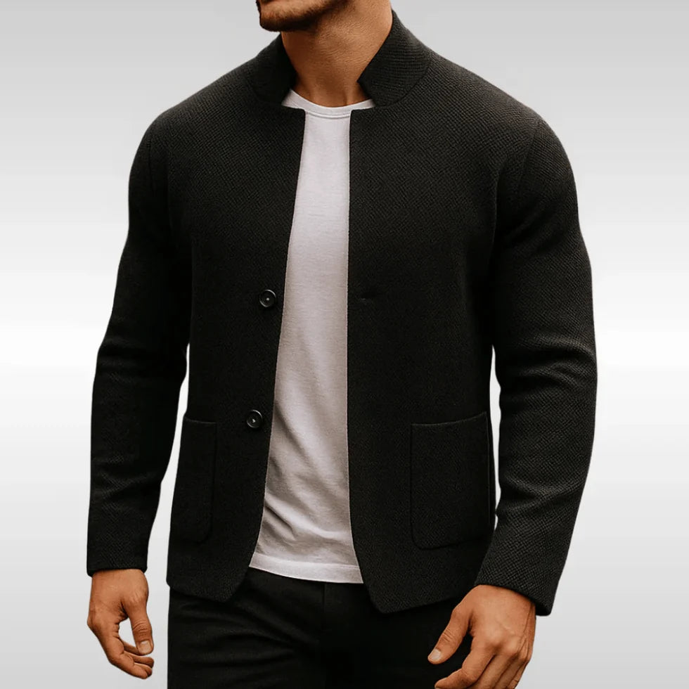 Men's Knit Cardigan with Stand Collar and Button Closure