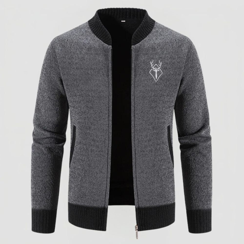 Men's Knit Zip Cardigan with Ribbed Collar and Deer Detail
