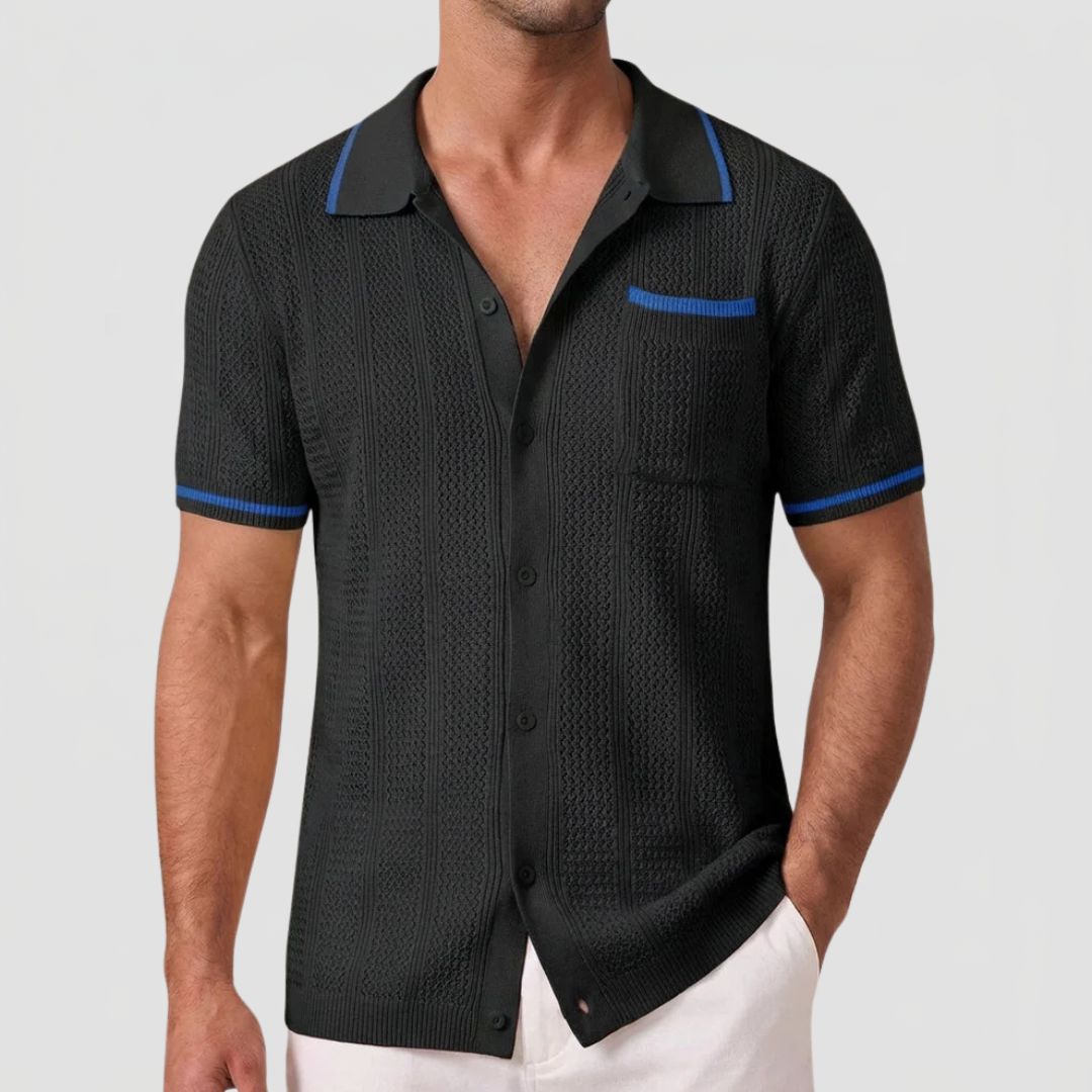 Men's Knitted Short Sleeve Shirt with Camp Collar