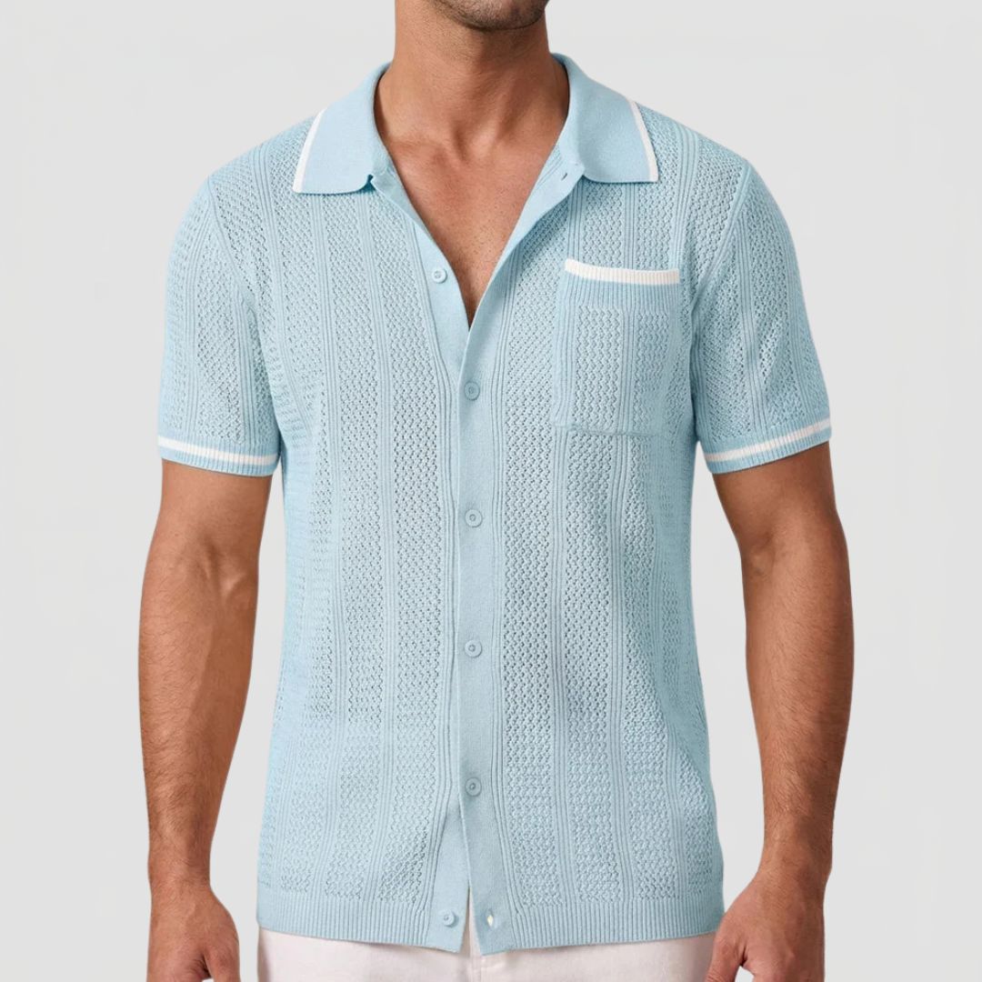 Men's Knitted Short Sleeve Shirt with Camp Collar